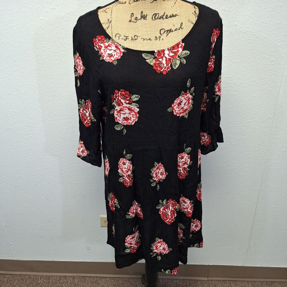 Cotton On A-Line Dress Long Sleeve Stretch Floral Pink Black Women's Size M